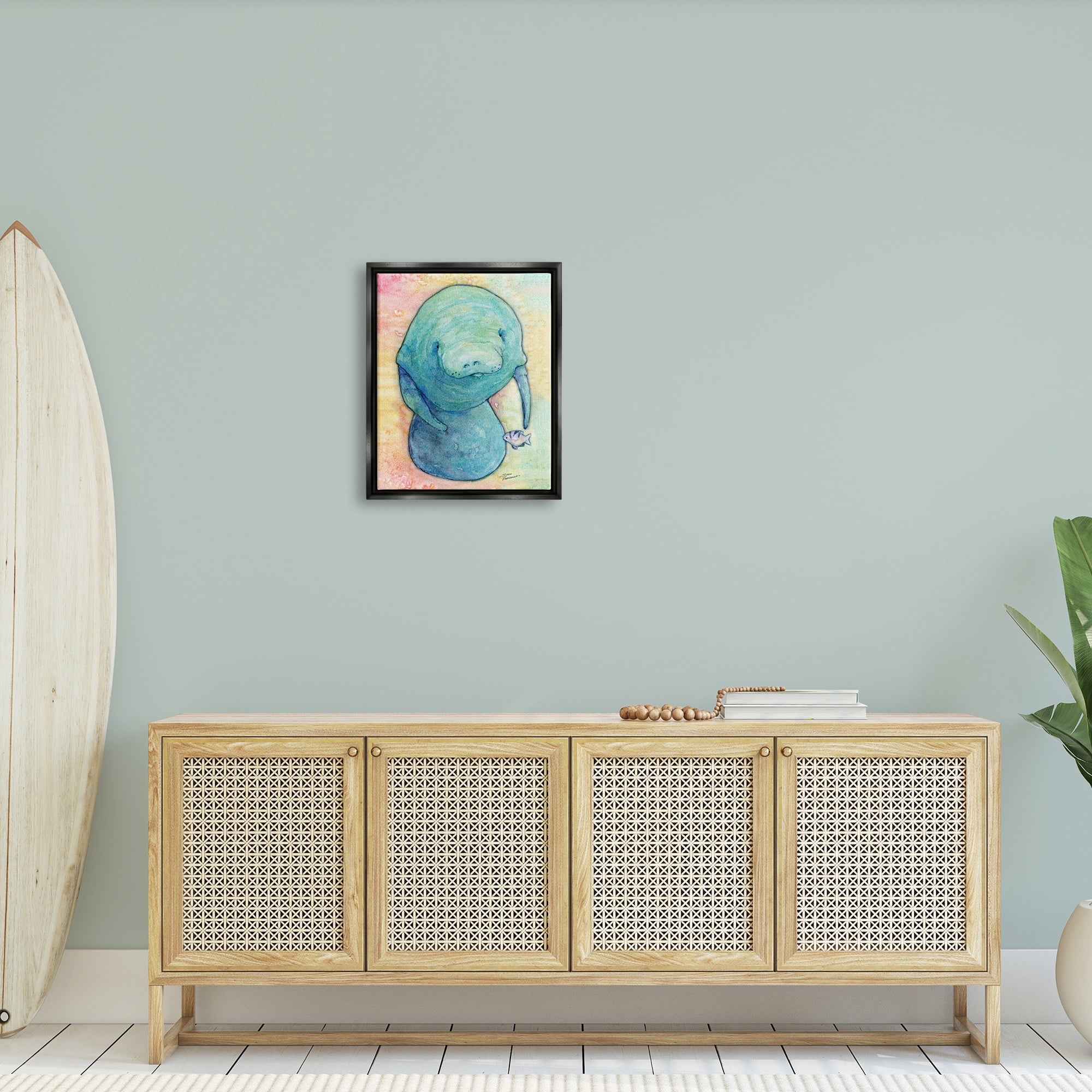 Stupell Industries Aquatic Manatee Among Fish Rainbow Watercolor Detail Painting Metallic Gold Floating Framed Canvas Print Wall Art, Design by Steve Vanderbosh