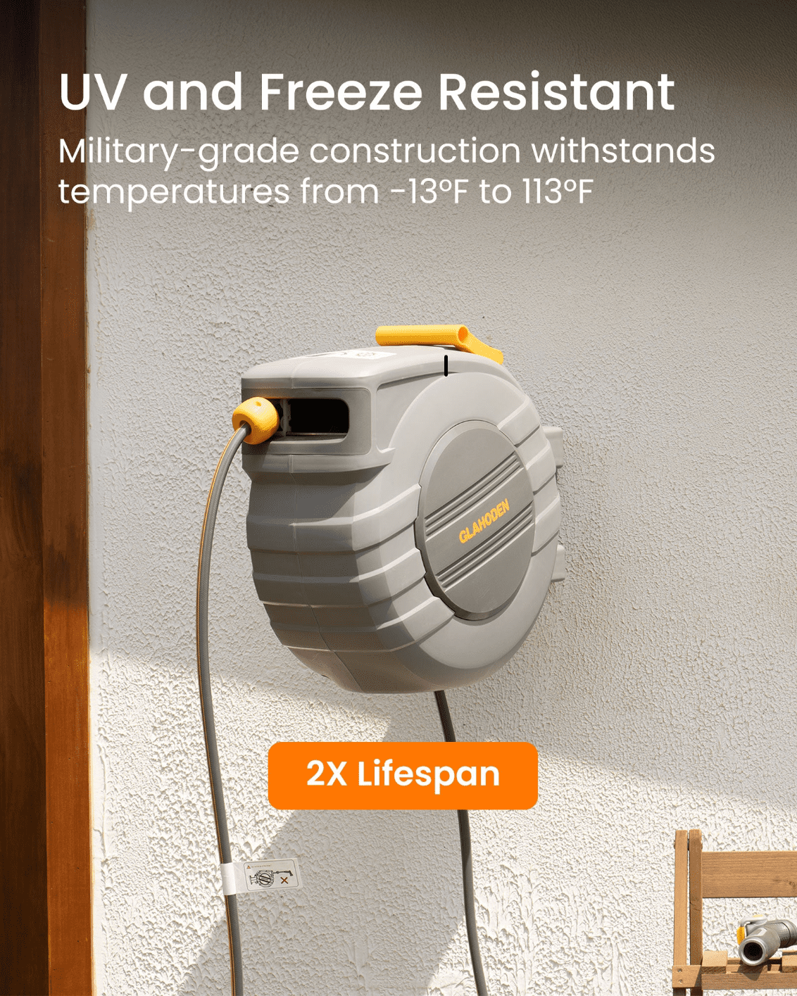 Glahoden Retractable Wall Mounted Garden Hose Reel, 5/8 in 65 ft UV & Freeze Protection Slow Retraction Anti-Tangle Hose 180°Swivel
