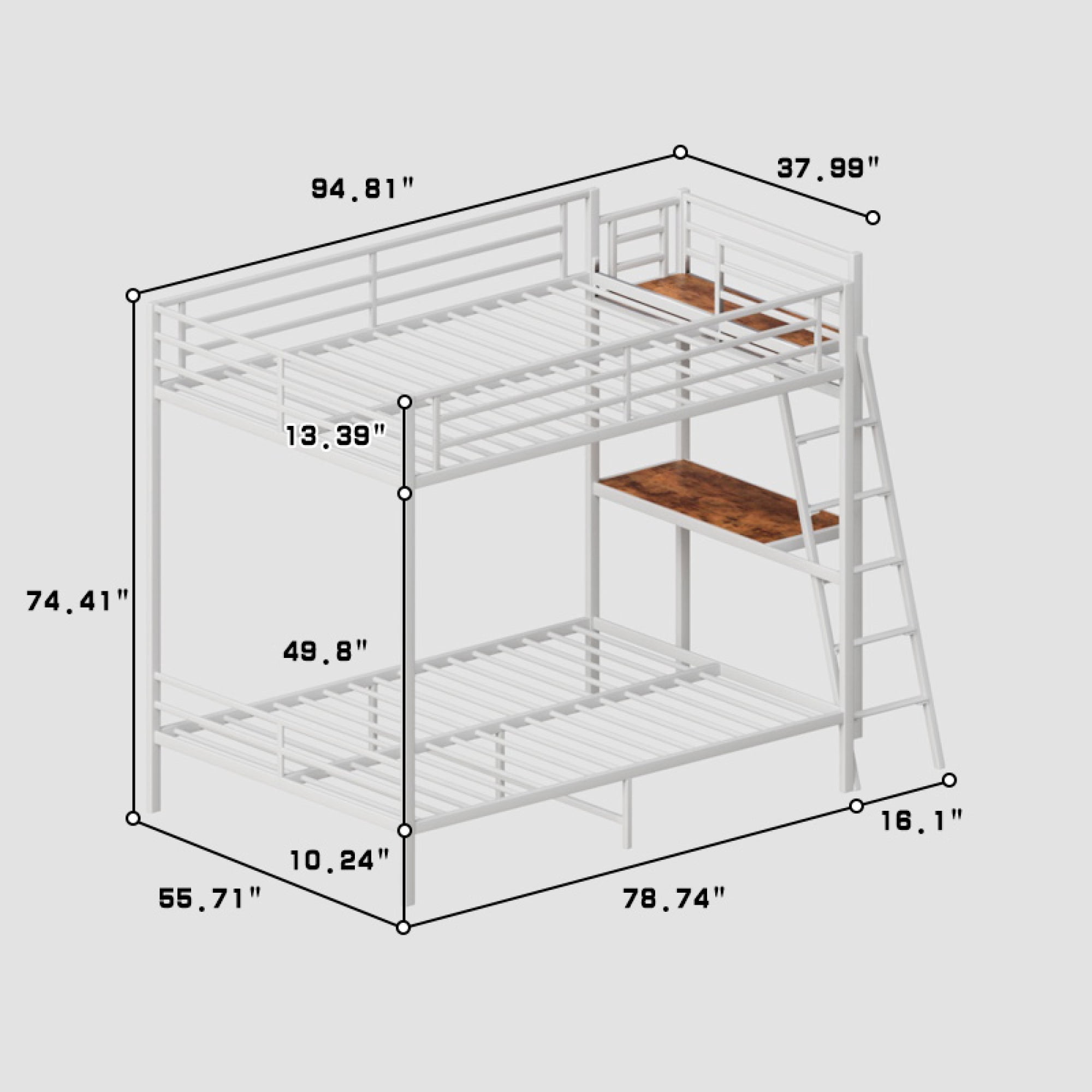 Leumius Full over Full Bunk Bed with Desk,Metal Bed Frame with Full Length Guardrails and Ladders, White