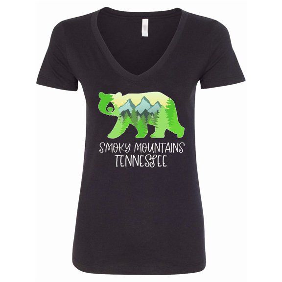 Inktastic Smoky Mountains, Tennessee Mountains and Bear Shape Women's V-Neck T-Shirt