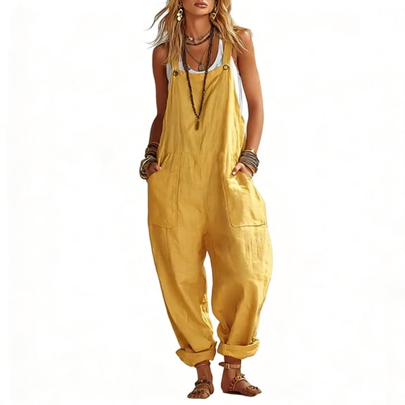 Qingpeng Baggy Overalls for Women, Fashion Summer Solid Sleeveless Adjustable Straps Boho Casual Jumpsuits with Pockets