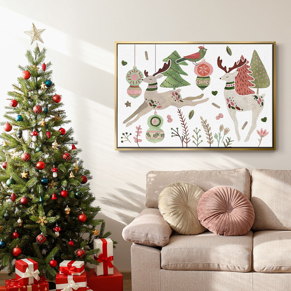 Reindeer Wishes Collection A - Framed Gallery Wrapped Holiday Canvas - 27 x 41 - Gold Frame