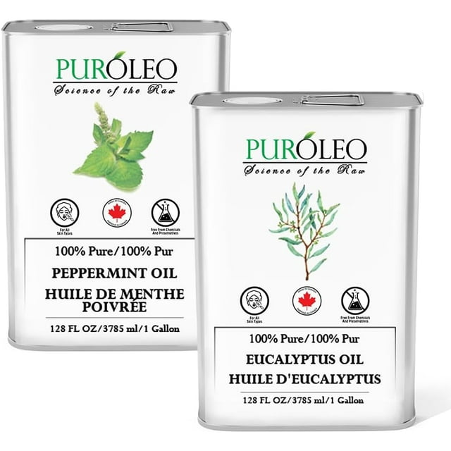 PUROLEO 100% Pure Eucalyptus & Peppermint Essential Oil Combo Pack - 128 fl oz/3784 mL | Natural Aromatherapy Oil for Diffuser, Candles, and More | Packed In Canada