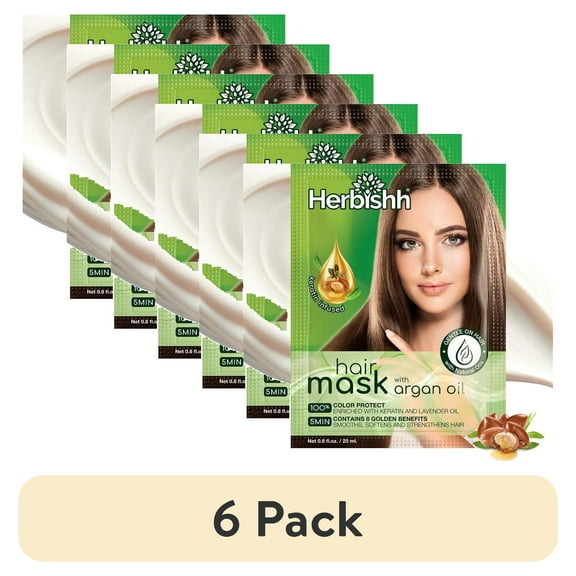 (6 pack) Herbishh Argan Hair Mask with Keratin for Deep Conditioning & Hydration, Revives Frizzy & Damaged Hair, Sulfate & Paraben Free, 25 ml