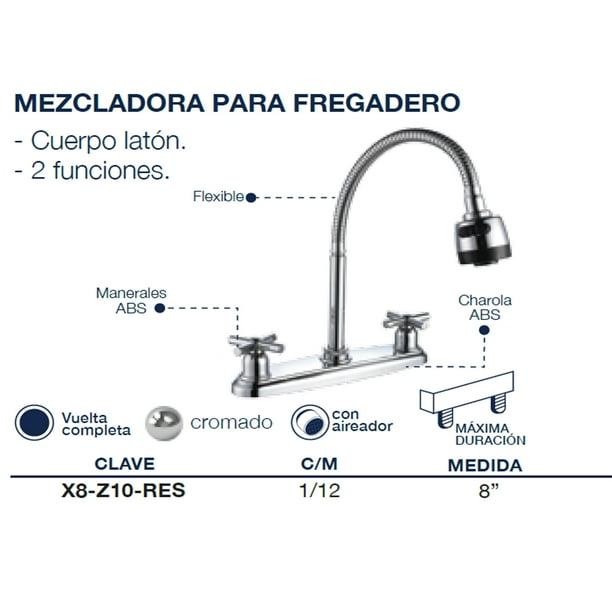 Llave Mezcladora Fregadero O Tarja Cocina Flexible Alfa Acero Inox Cromada 2 Funciones Cruceta Walmart en linea