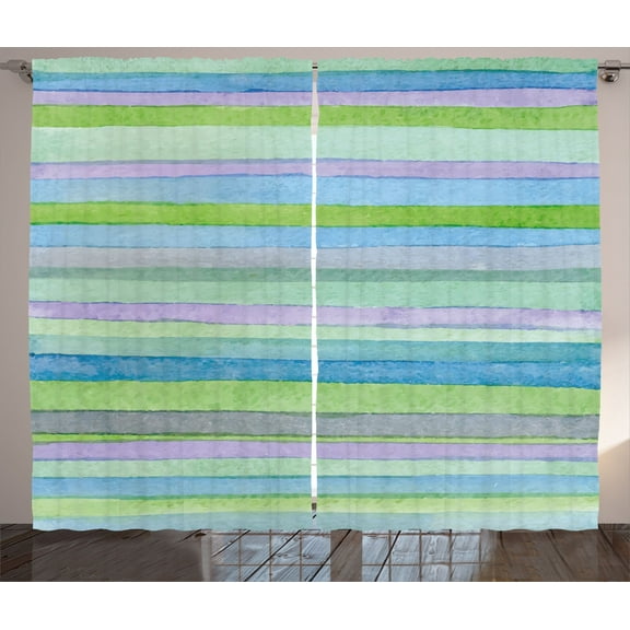 Ambesonne Blue Curtains 2 Panel Set, Watercolor Stripes Art, 108" x 90", Blue Green Violet