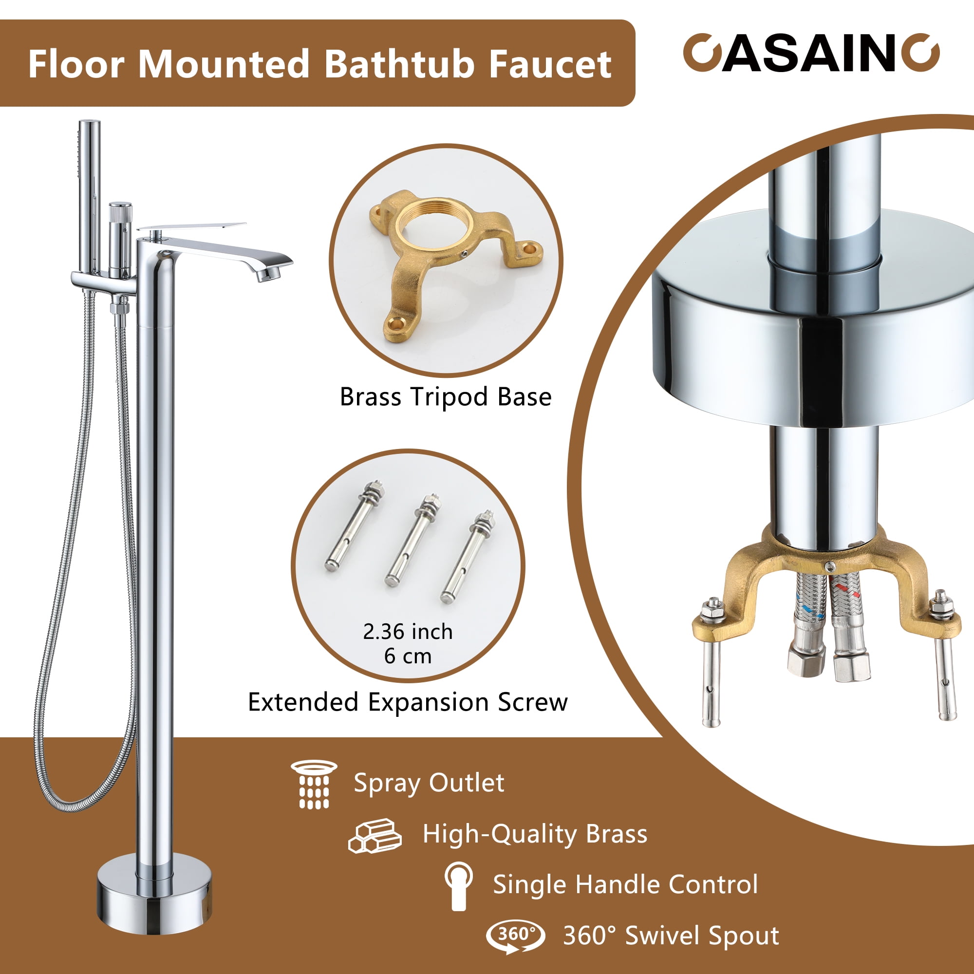 CASAINC Single-Handle Freestanding Floor Mount Tub Filler Faucet with Handheld Shower in Chrome Plated