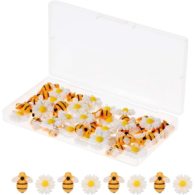50 piezas de diminutas abejas de resina, diseño de margaritas, con parte trasera plana, adornos de flores de abejas, con caja de almacenamiento, mini resina, abejas para manualidades,