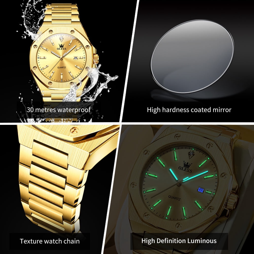 OLEVS Watch for Men Business Dress Diamond Analog Quartz Date Luxury Classic Casual Stainless Steel Waterproof Luminous Gold Mens Wrist Watches Reloj para Hombre