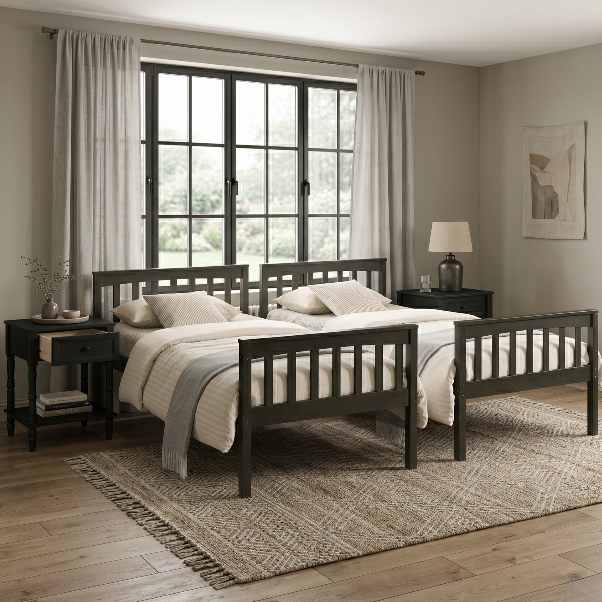 Home Design Ames Twin Over Twin Solid Wood Bunk Bed with 2 Ruston Nightstand – 3-Piece Space-Saving Bedroom Set, Gray/ Black