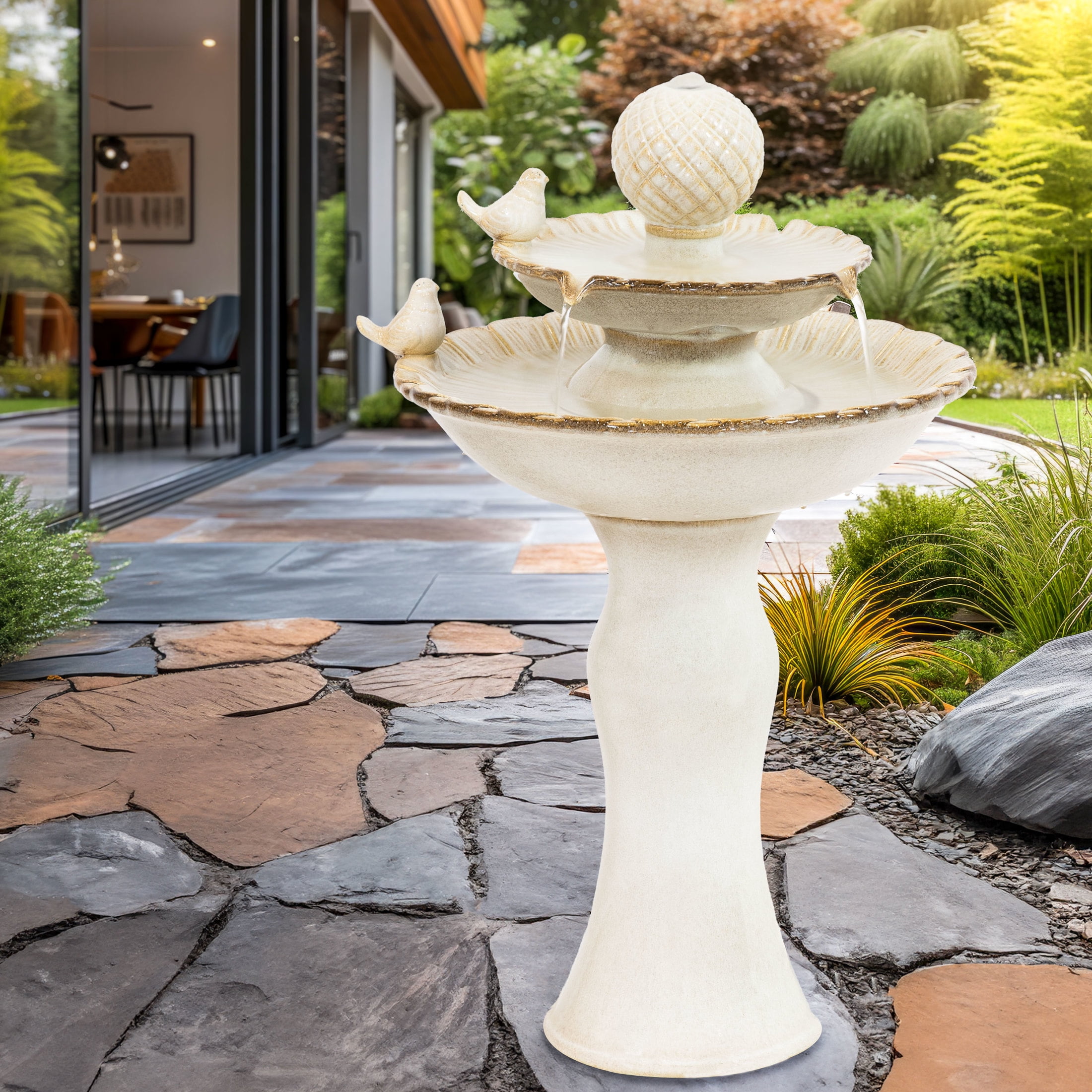 Sunnydaze White Resting Birds Contemporary Ceramic 2-Tiered Outdoor Water Fountain