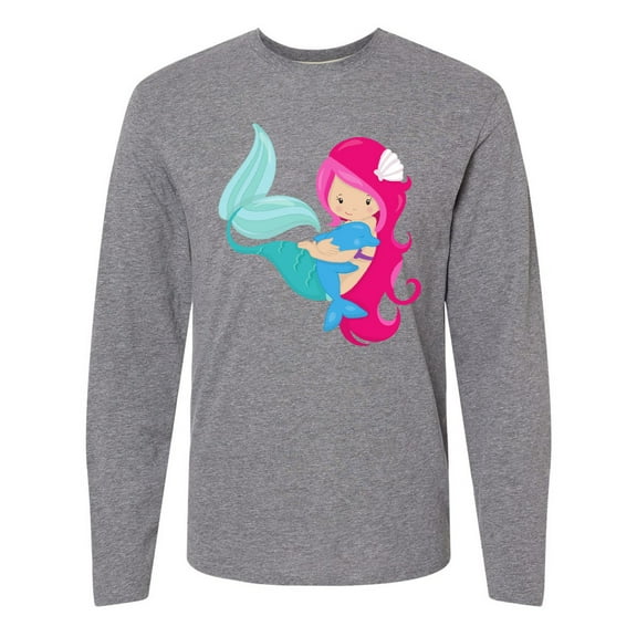 Inktastic Mermaid And Dolphin, Mermaid With Pink Hair Long Sleeve T-Shirt