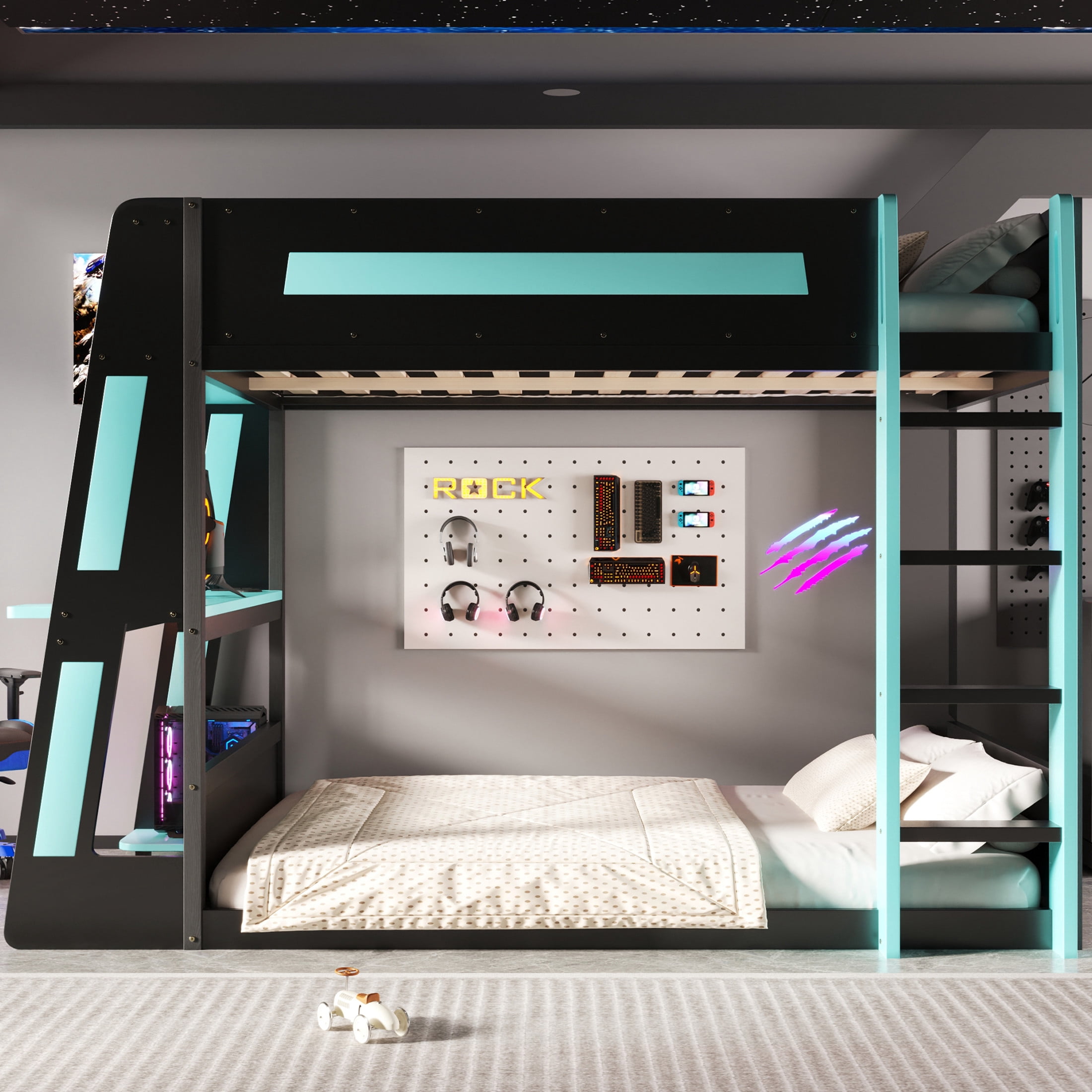 Noble House Nira Full Gaming Bunk Bed with Desk and LED Lights, Wood Loft Bed with Charging Ports, Black and Blue