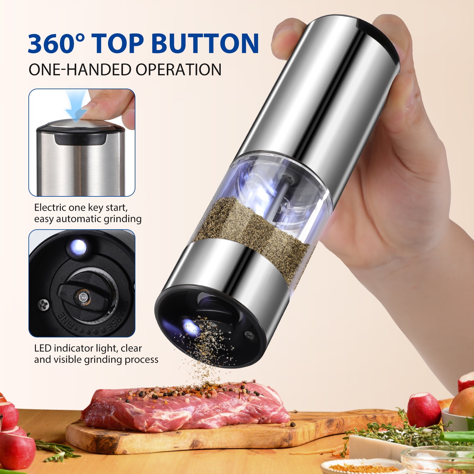 Electric Salt and Pepper Grinder Set, Automatic Pepper Mill Grinder w/Charge Base,Adjustable Coarseness