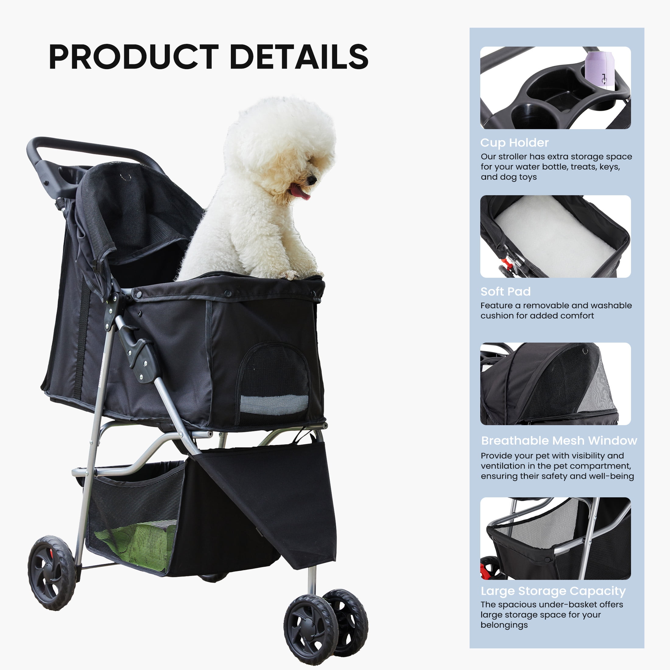 edx 3 Wheels Pet Stroller, Dog and Cat Strollers, With Storage Basket and Cup Holder, Lightweight Travel Carrier, Breathable Mesh, Waterproof and Foldable for Small Pets Outdoor Walk, Black