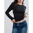 thumbnail image 6 of Douhoow Women Basic Long Sleeve Top Slim Baby Tee Solid Color Round Neck Crop Top, 6 of 9