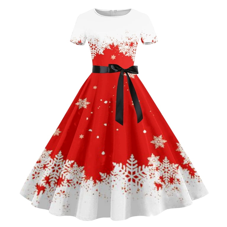 COMTOA Women's Christmas Print Casual Dress Short Sleeve Round Neck Knee-Length Polyester Comfortable Fashion Holiday Party Work Home Vacation All