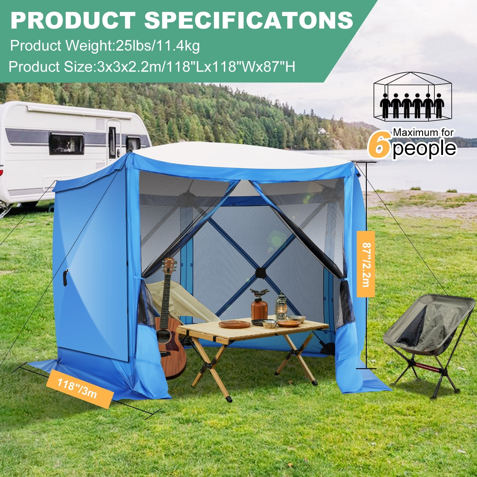 HOTEEL 10x10ft Camping Gazebo Screen Tent, 5 Sided Pop-up Canopy Shelter with Mesh Windows, Portable Carry Bag, Stakes, Waterproof, UV 50+, Large Shade Tents for Outdoor Camping, Backyard, Blue