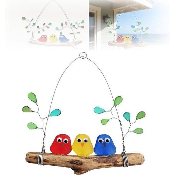 Handmade Sea Glass Bird Wall Art – Colorful Birds on Driftwood Branch, Coastal Style Decor for Indoor Windows, Unique Nature-Inspired Wall Hanging