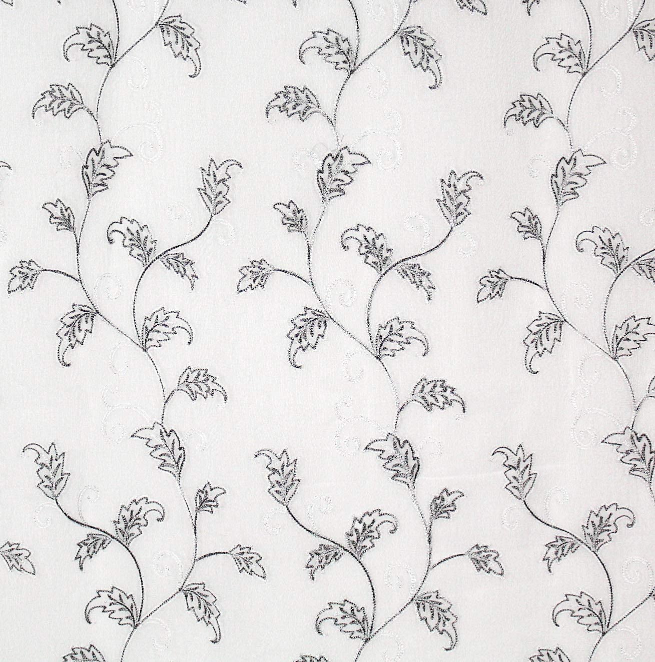 Serafina Home Decorative Sheer Fabric Shower Curtain: Gray and White Embroidered Leaves with Metallic Threading