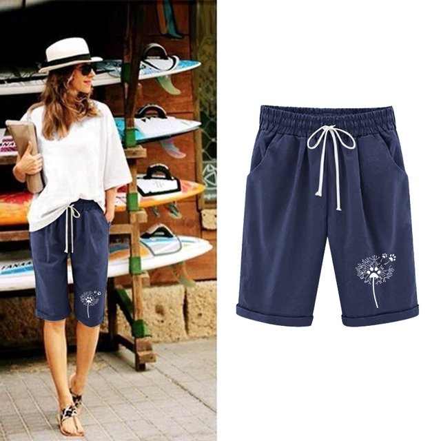 MKLEKYY Pantalones Cortos de Mezclilla para Mujer, de Verano, Estampados de Lino, con Cordón, Sueltos, Elásticos, Informales, para Playa (1)