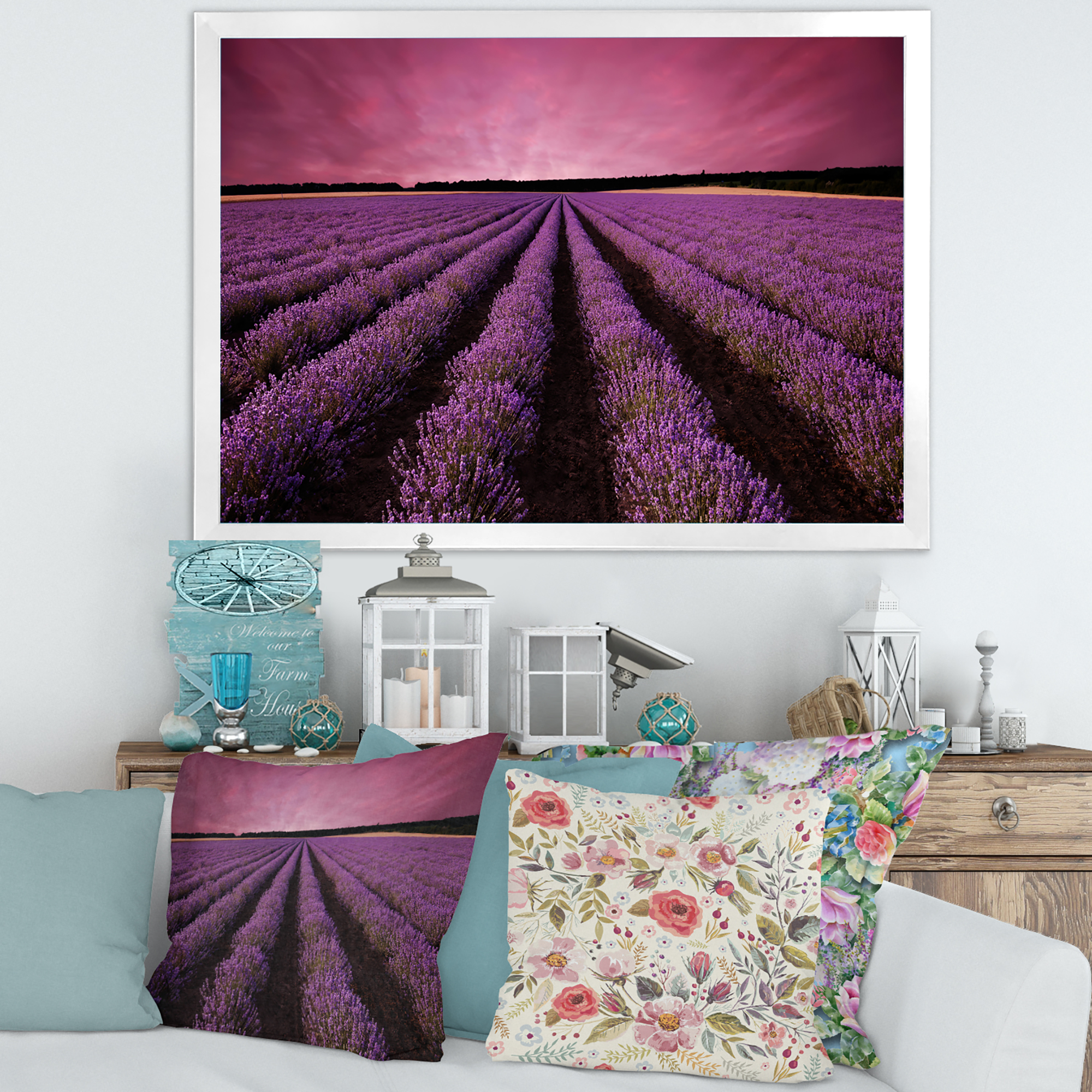 Designart 'Dramatic Clouds and Sunrise Over Lavender Field XI' Farmhouse Framed Art Print