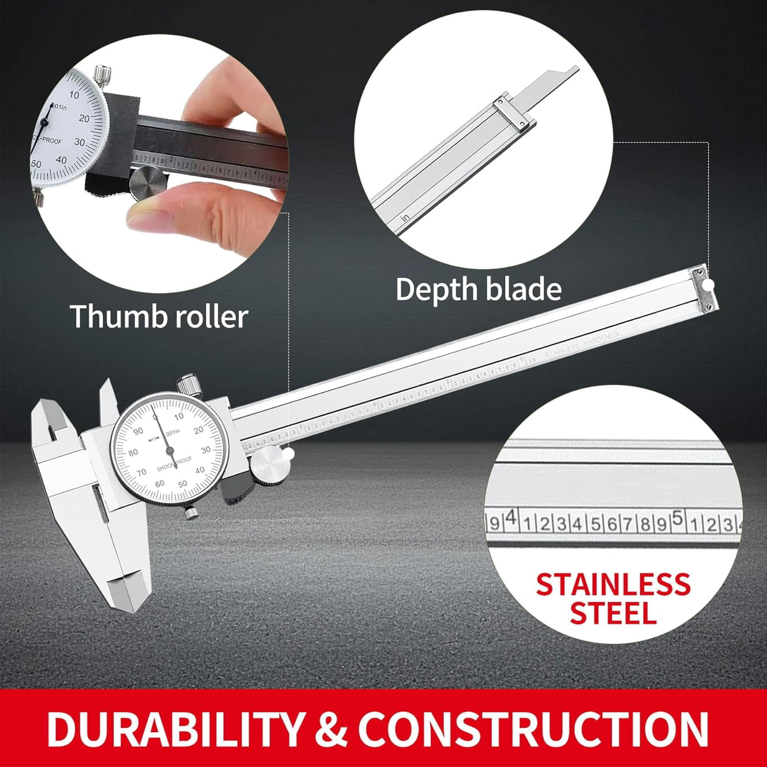 0-6 inch Dial Caliper Measuring Tool Imperial Stainless Steel 4-Way Dial Caliper 0.001" Shockproof with Plastic Case