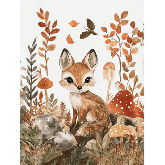 Cute Fox Autumn Watercolor Canvas Painting, Perfect for Living Room, Bedroom, Nursery, Bathroom, and Office Decoration.