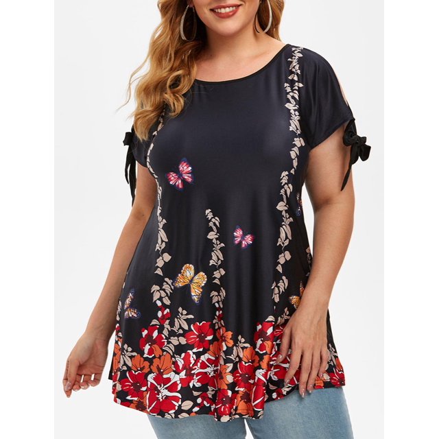 Tallas grandes de manga de corbata con estampado de mariposa floral camiseta Rosegal Camisetas tallas grandes