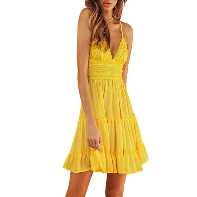 Femmes Plage Été Robe Spaghetti Sangle Sans Manches V-Cou Dos en Dentelle Patchwork Mini Robe