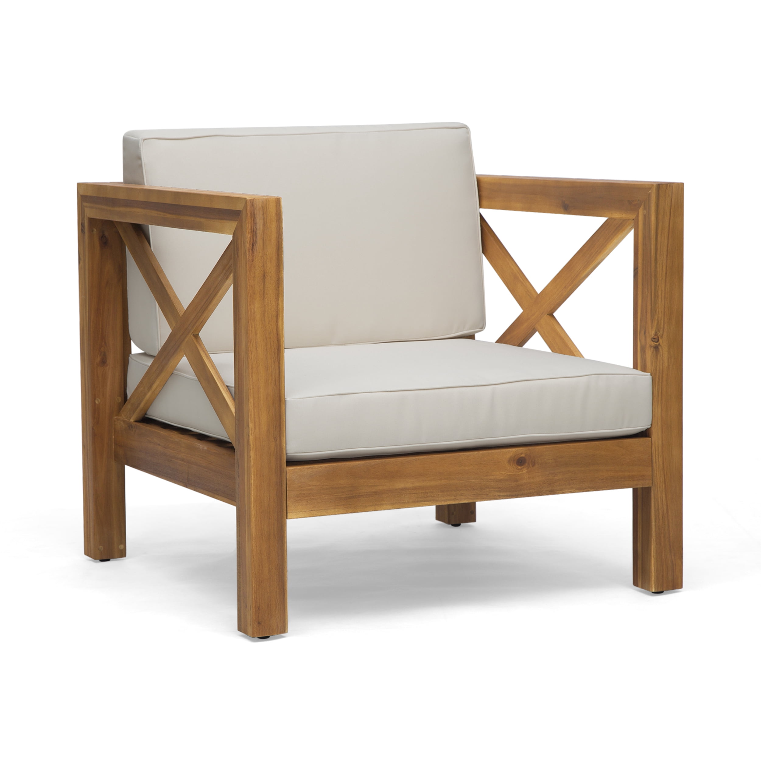 Outdoor Single Leisure Seat Chair, Acacia Wood Frame Relaxing Seat for Patio Garden, Teak and Beige