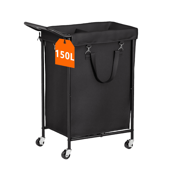 150L/39.6 Gal Rolling Laundry Hamper Cart with Wheels, 2 Section Black Laundry Sorter with Removable Washable Bag, Large Clothes Hamper with Lid, Handle & Lockable Casters for Laundry Room, Bedroom