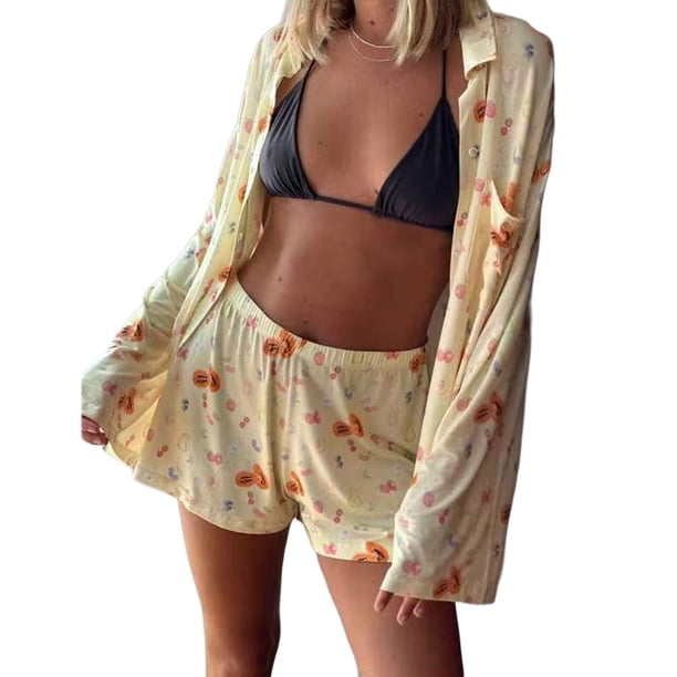 Conjunto Pijamas Wdftyju Pijama Manga Larga Aberturas Pantalones Cortos Sueltos S Amarillo