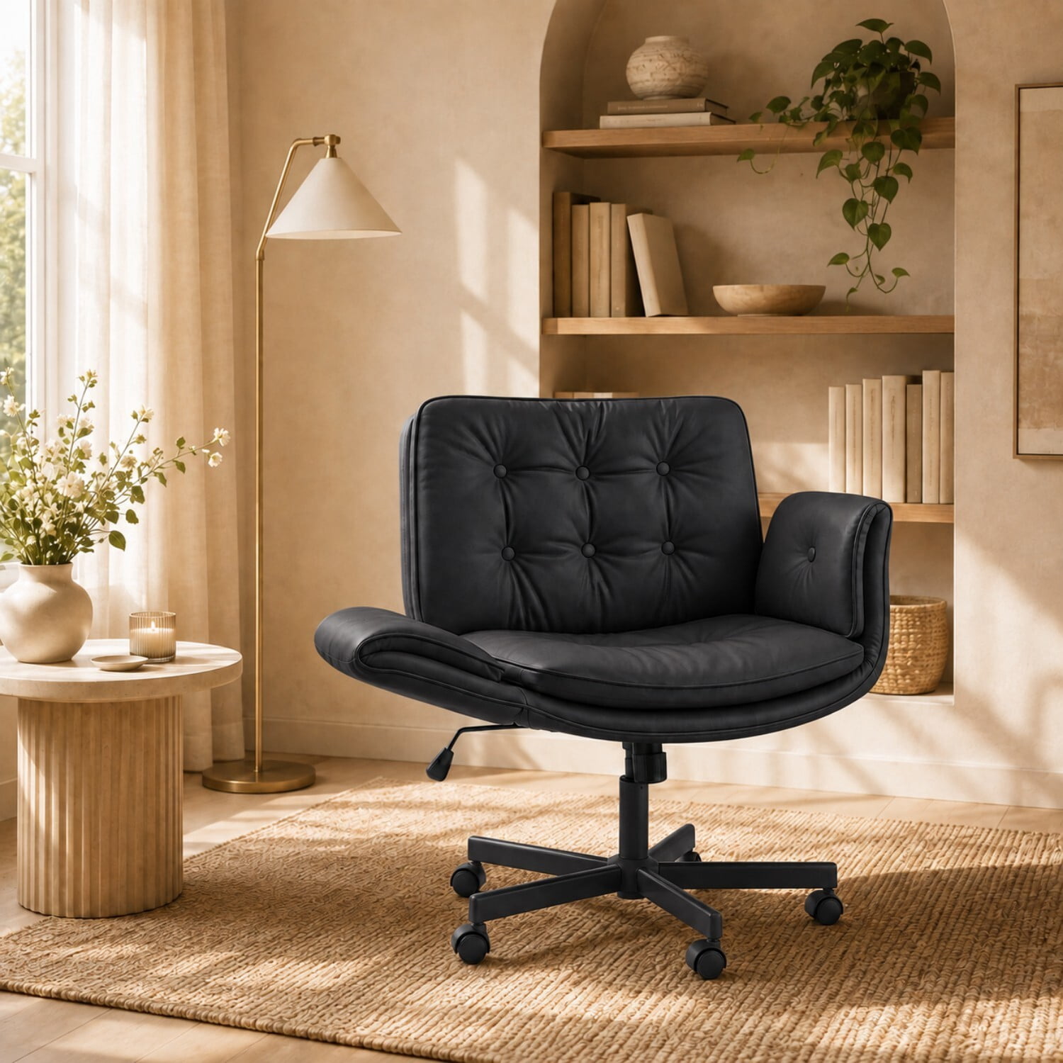 Easy4Home Criss Cross Office Chair with Wheels and Adjustable Armrests, Wide Seat PU Leather Swivel Computer Desk Chair, Black