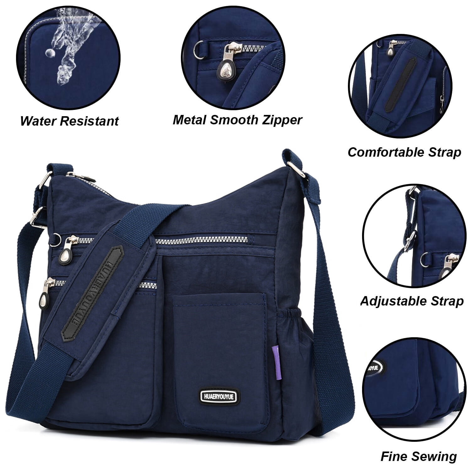 AOUNQ Crossbody Bags for Women Waterproof Hobo Purse Handbag Multi-Pocket Shoulder Bag Nylon Travel Messenger Bag,Blue