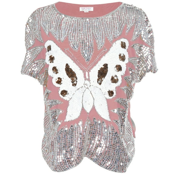 Butterfly Sequined Pink Women's Dolman Blouse - X-Large