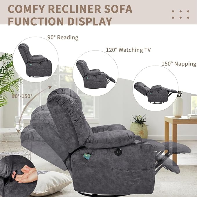 EPICOZY Swivel Rocker Recliner Chair with Heat and Massage, Manual Glider Rocking Reclining Chair, 360° Swivel Overstuffed Lounge Chair with 2 Cup Holders, Side Pockets & USB Ports, Fabric Grey