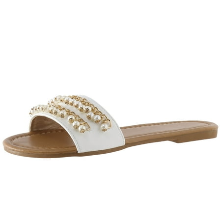 OJSFQUFP Sandals for Women Ladies Summer Pearl Decoration Slip On Casual Open Toe Flat Soft Bottom Breathable Shoes Sandals Slippers Office Slippers White 40