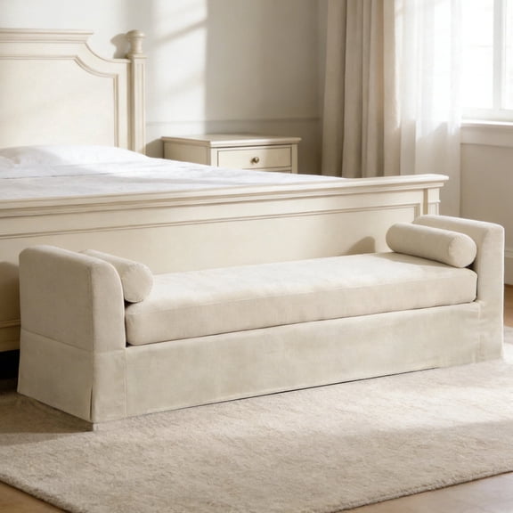 MDQMD 90" Extra Large End of Bed Bench with Arms Beige,Chenille End of Bed Lounge,Oversized Upholstered Bedroom Benches with 2 Pillows,Extra Long Window Bench for Entryway Living Room