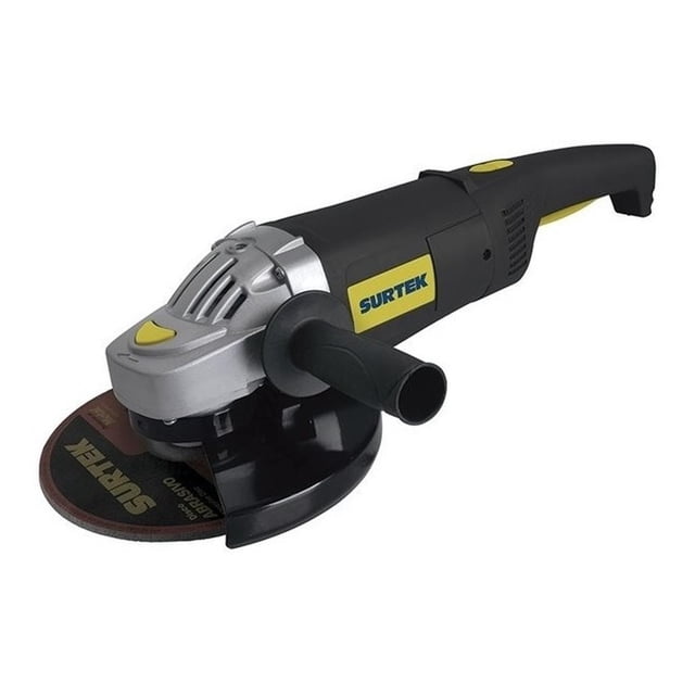 esmeriladora angular 9 pulgadas 2000w 229mm ea609 surtek vista 3/4 lateral, cuerpo plástico negro con placa amarilla Surtek y carcasa frontal plateada, mango trasero y mango lateral ajustable en 3 posiciones, protector y disco de 9" (229 mm) visibles; ideal para desbastar y cortar metal en taller.