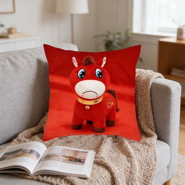 Uuiauoio Horse Zodiac Pillow Cover Flocked Plush Cute Animal Design Throw Pillow Case for Sofa Bed Living Room Home Decor Year of the Horse Theme