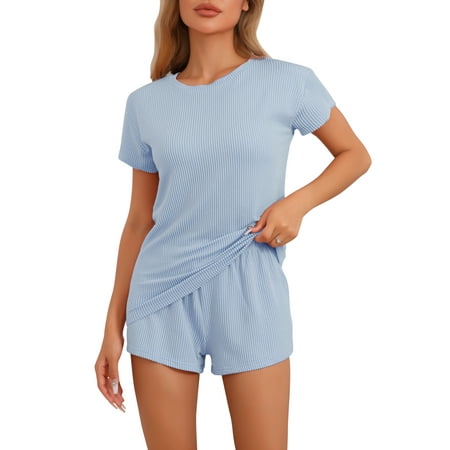 DARING DIVA Women s Ribbed Knit Casual Short Sleeves Pajamas Sets L Blue