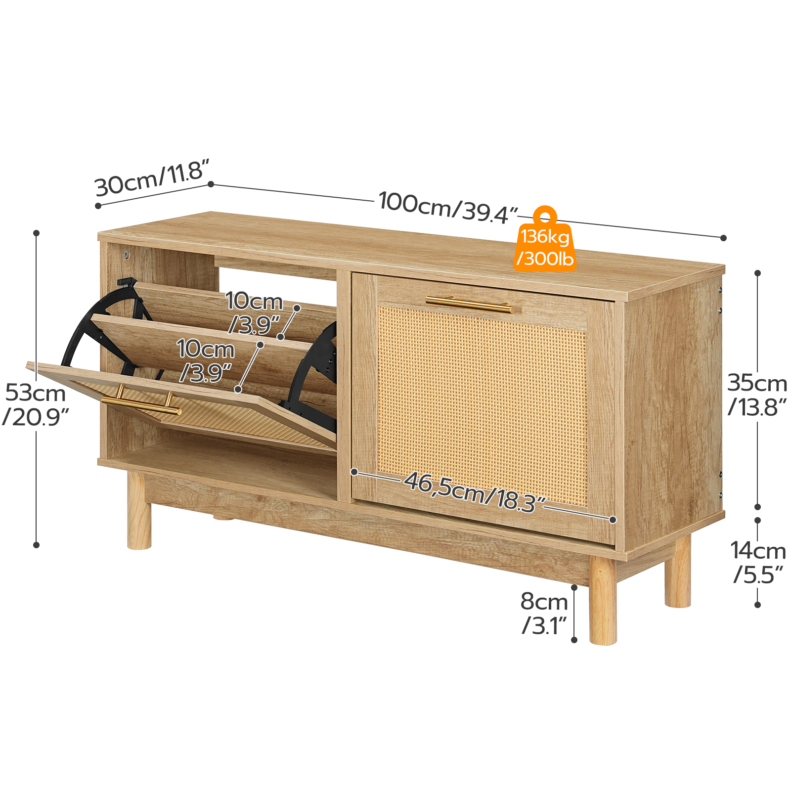 HOOBRO Narrow Rattan Shoe Storage Bench with Flip Drawers, Natural