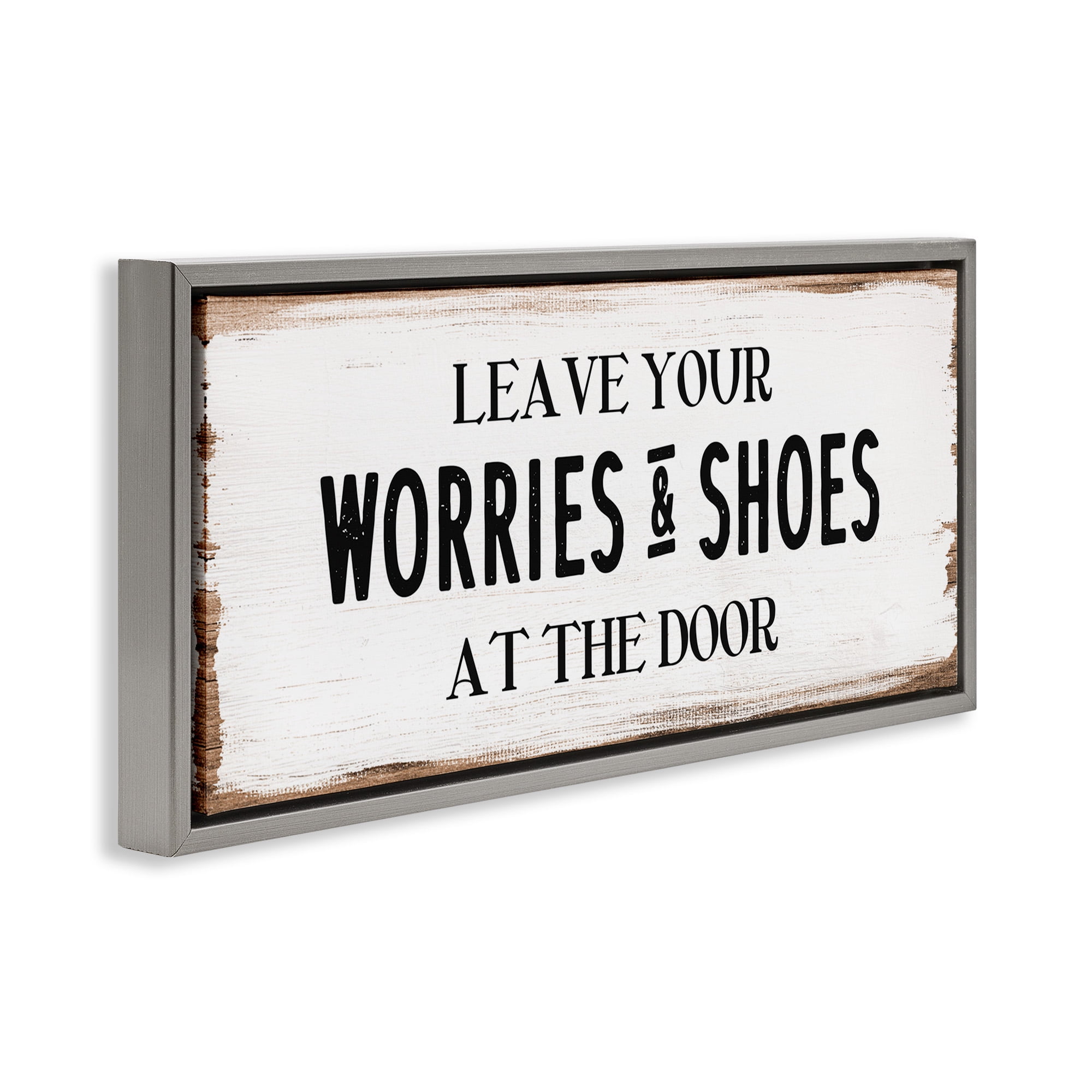 Stupell Industries Worries & Shoes At Door Phrase Typography Painting Gray Floater Framed Canvas Art Print Wall Art, 31 x 14
