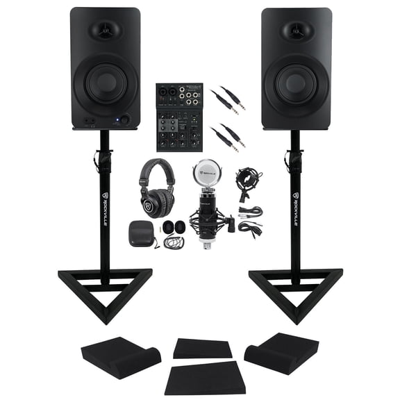 Rockville ASM4 Bundle: Bluetooth Monitors, RockMix 4 Mixer Interface, RVSM1 Stands, Mic, PRO-M50, Audio Setup Kit, 6-items