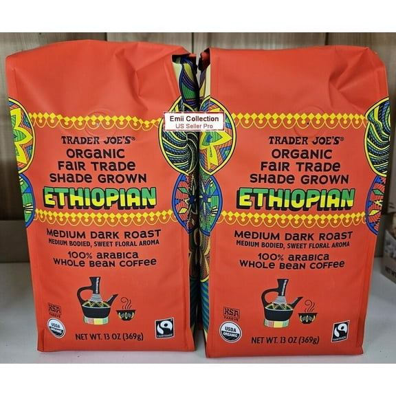 Trader Joe's Organic Fair Trade Shade Grown Ethiopian Medium Dark Roast Whole Bean Coffee 13oz 369g (2 Bags)