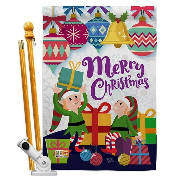 Breeze Decor BD-XM-HS-114147-IP-BO-D-US17-BD 28 x 40 in. Santa Helper Merry Christams Winter Christmas Impressions Decorative Vertical Double Sided House Flag Set & Pole Bracket Hardware