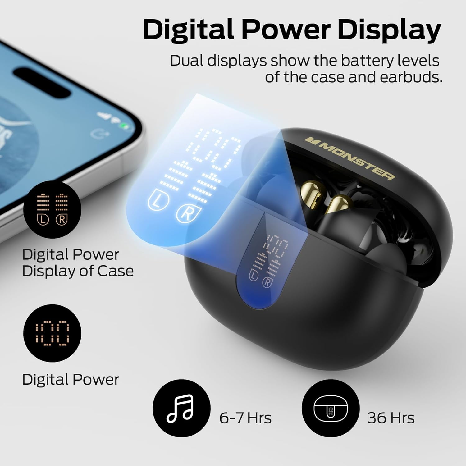 Monster Wireless Earbuds， Bluetooth 6.0 Stereo Headphones with Noise-Cancelling Mic and LED Display, Built-in Mic for Clear Calls, Waterproof Design for Sports