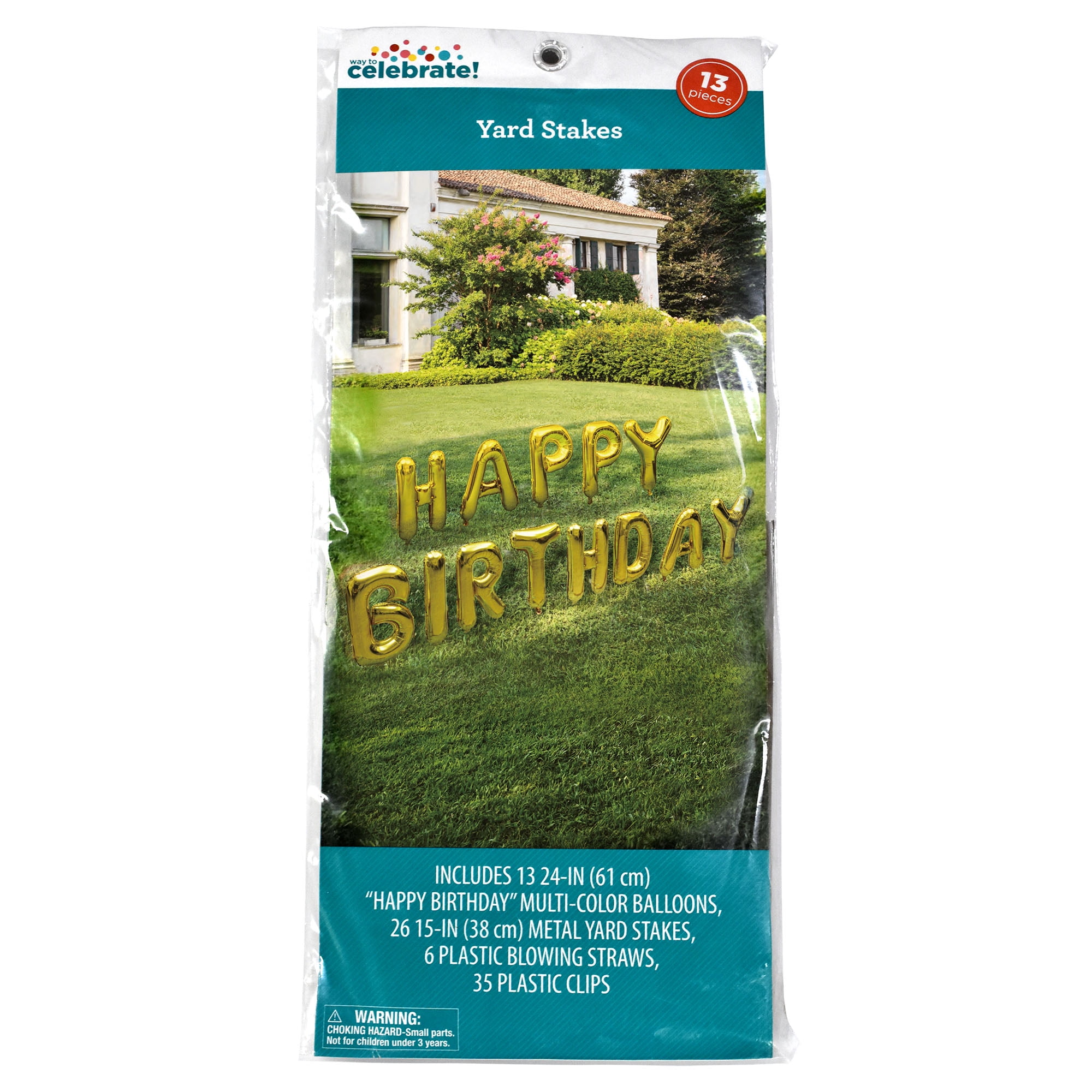 Way To Celebrate Gold Foil Happy Birthday Balloon Yard Stake Set, 13 Pieces