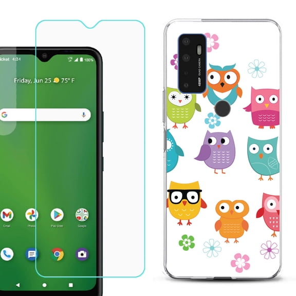 Slim-Fit Gel TPU Phone Case for Cricket Dream 5G, with Tempered Glass Screen Protector, by OneToughShield ® - Happy Owl